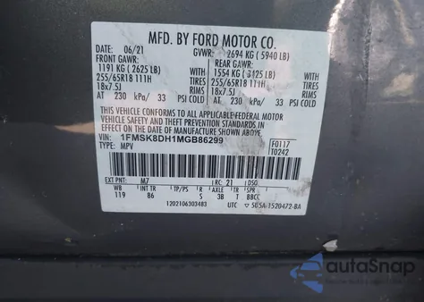 2021 Ford Explorer Xlt из США, поврежденный, VIN 1FMSK8DH1MGB86299